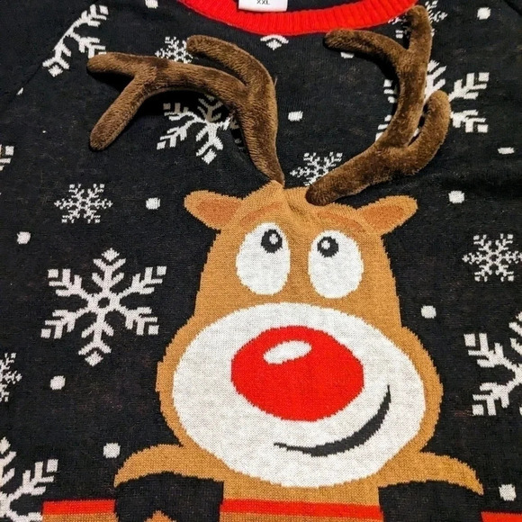 Reindeer Christmas Sweater Pullover Novelty Ugly Holiday Party XXL Black Red - Picture 2 of 5
